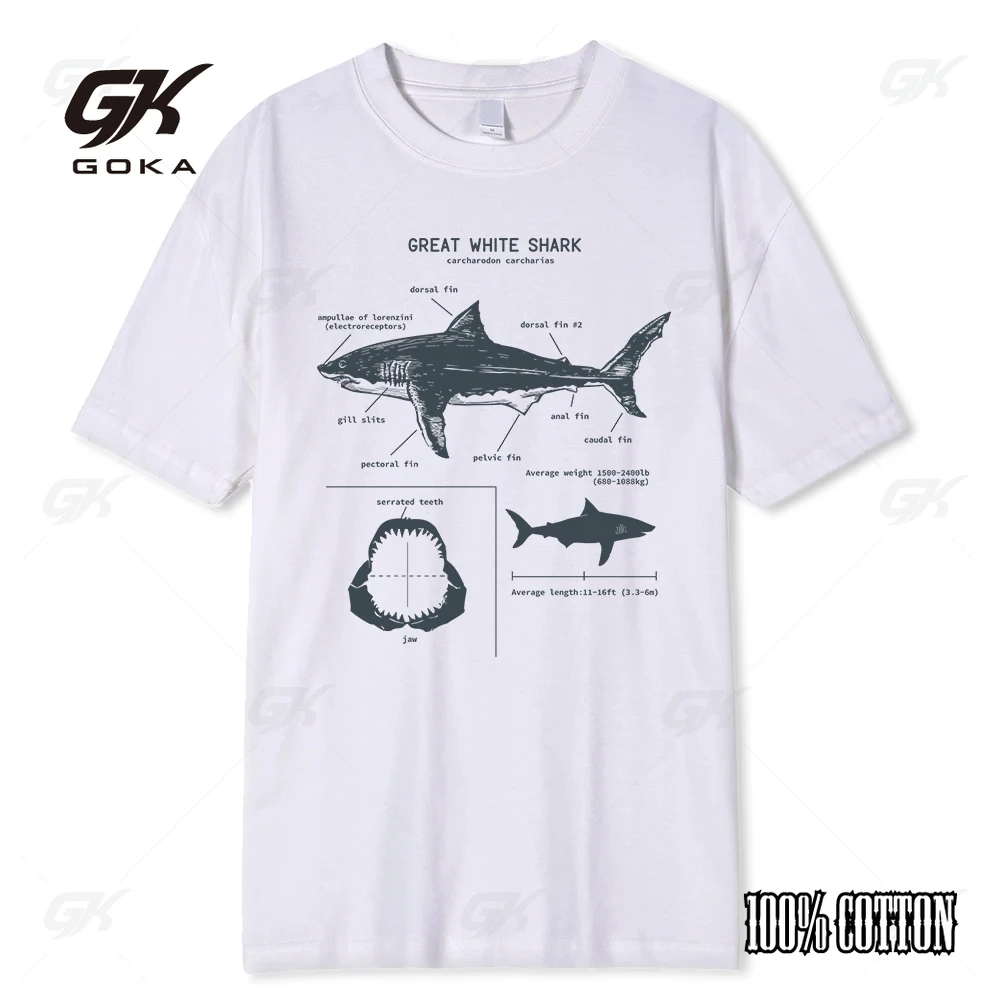 Great White Shark Anatomy T-Shirt New Summer Men Street Short Sleeve Hip Hop Punk Style Boy Casual Tops White Tees