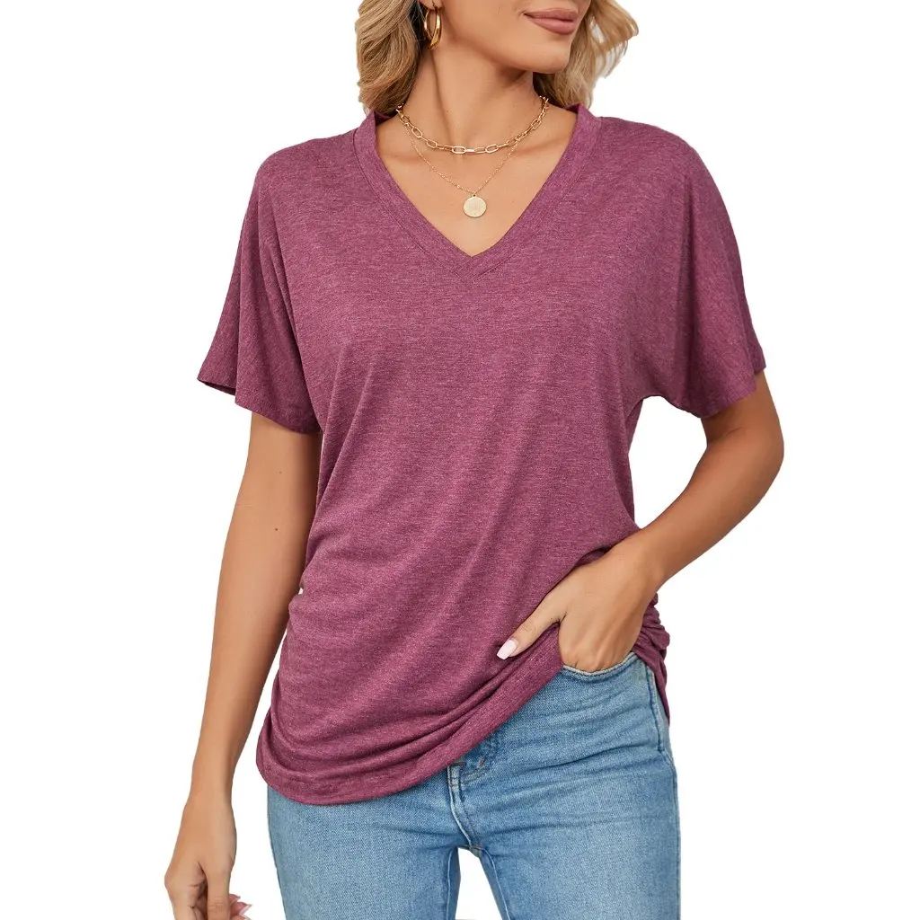 

Women's Casual V-Neck T-Shirt Loose Fit Solid Color Summer Top by European And American