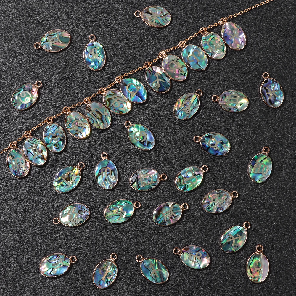 Constellation Abalone Shell Beads Charms Oval Natural Shell 12 Zodiac Sign Abalone Pendant for Jewelry Making Necklace Supplies