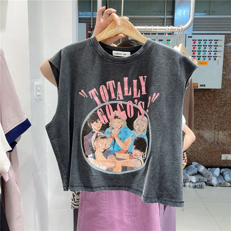 Koreańska koszulka damska Cartoon Printing Tees Loose Tank Top O-neck Pink Sleeveless Preppy Style Crop Tops Hot Selling Y2k Clothes