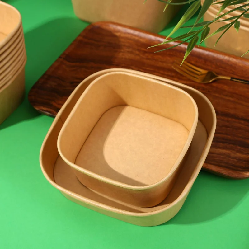 Custom. Kraft Square Box Disposable Takeout Box Lunch Box Fruit Salad Light Meal Bento Bowl with Lid Paper Lunch Box
