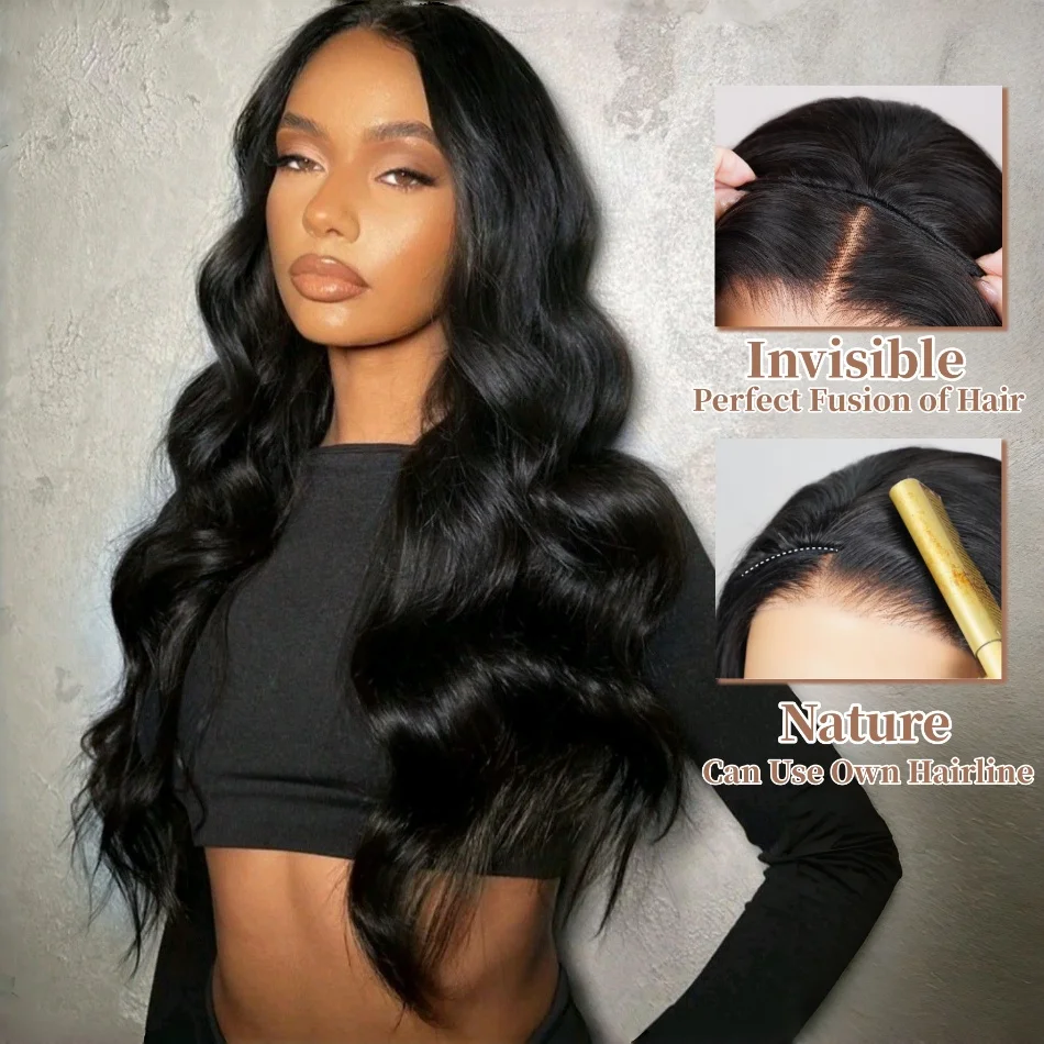 3In1 Body Wave Half Wigs Human Hair Seamless Wear And Go Natural Color Quick Install Beginners Friendly Easy Install Drawstring Half Wigs Machine Wig