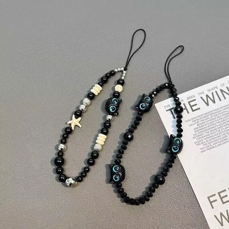 

Бусина для телефона с изображением кота, крутая черная японская корейская подвесная веревка, кулон со звездами, ремешок для телефона, браслет, веревка с защитой от потери