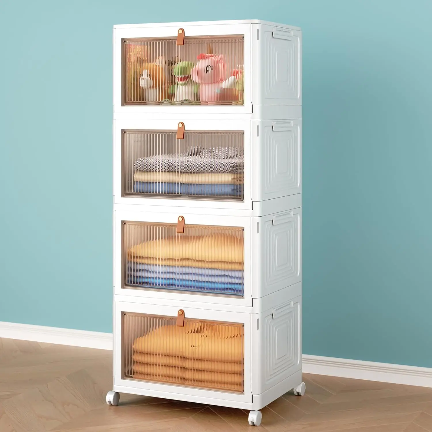 

4 Tier Storage Bins with Lids, 23QT Stackable Closet Organizers and Storage with Wheels, Collapsible Storage Boxes, Foldable