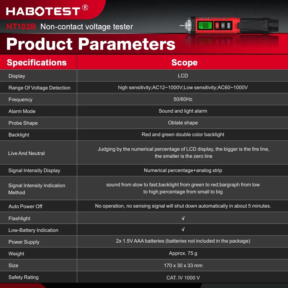 HABOTEST HT102B Non‑Contact Voltage Tester Pen 12V‑1000V AC Live Neutral Detector Adjustable Sensitivity Dual Alarm