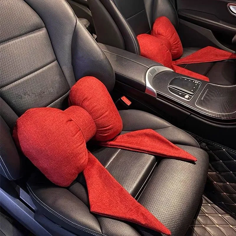 1pc Car Seat Headrest Lumbar Support Pillow Bow Ribbon Decor Soft Cushion Interior Comfort Accessory for Automobile