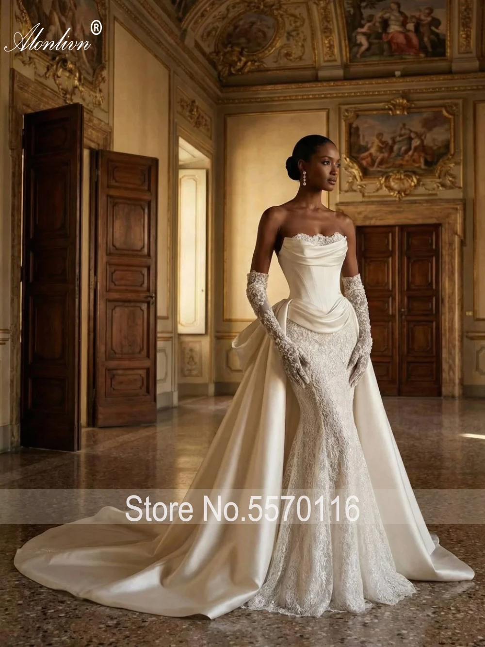 Alonlivn Custom Made Mermaid Satin Corset Bodice Wedding Gown with Removable Lace Sleeves Bride Dress