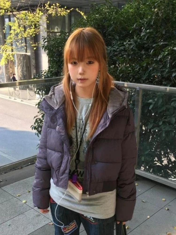Vintage Korean Fashion Cropped Hooded Puffer Parka Women Thick Warm Winter Loose Fit Casual Streetwear Daily Wear Chic Outfit