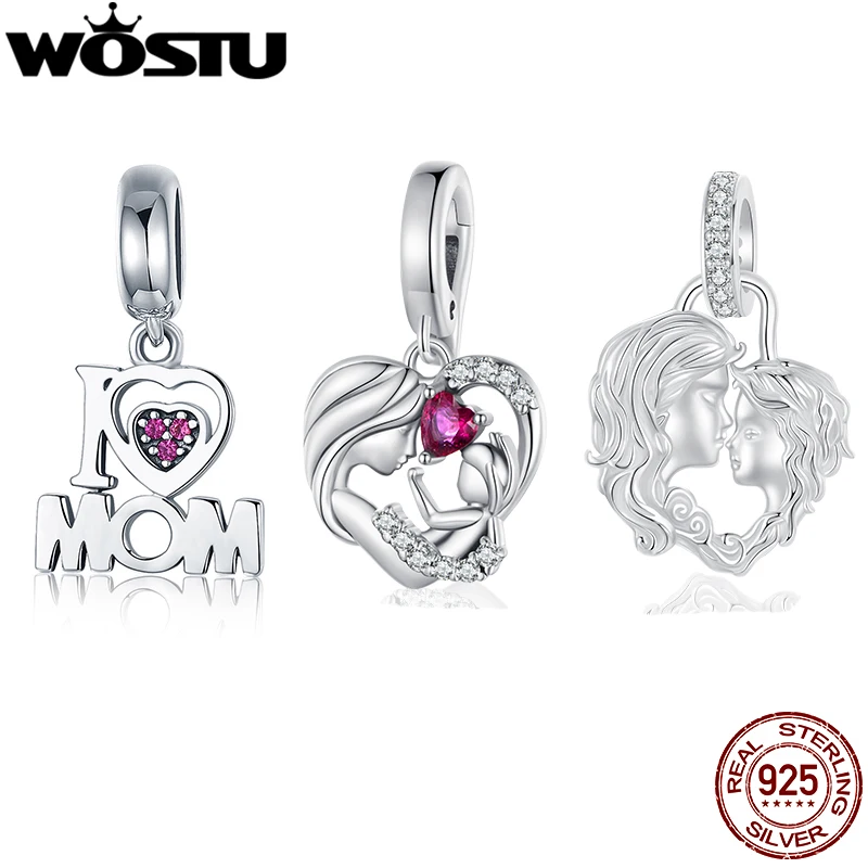 WOSTU-abalorio de plata de ley 925 para el día de la madre, colgante de corazón I Love Mom, compatible con pulsera, collar, regalo de joyería