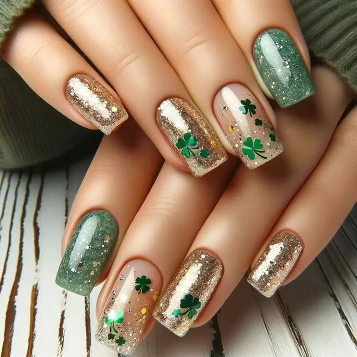 Grass press on Nails Gold Foil Press on Nails French Tip Press on Nails Mediem Coffin False Nails Wearable Fake Nails French Tip