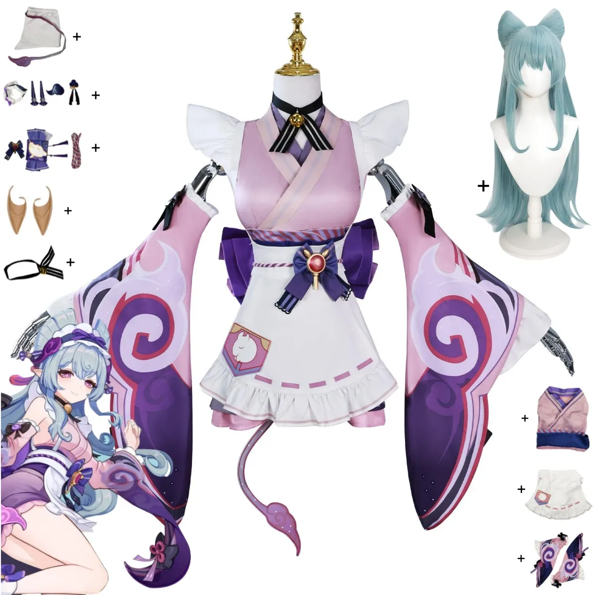 유미즈키 미즈키 코스프레 코스튬 이나즈마 아이사 목욕탕 중국 스타일 핑크 한푸 원피스 가발, 섹시한 파티 세트, 애니메이션 게임