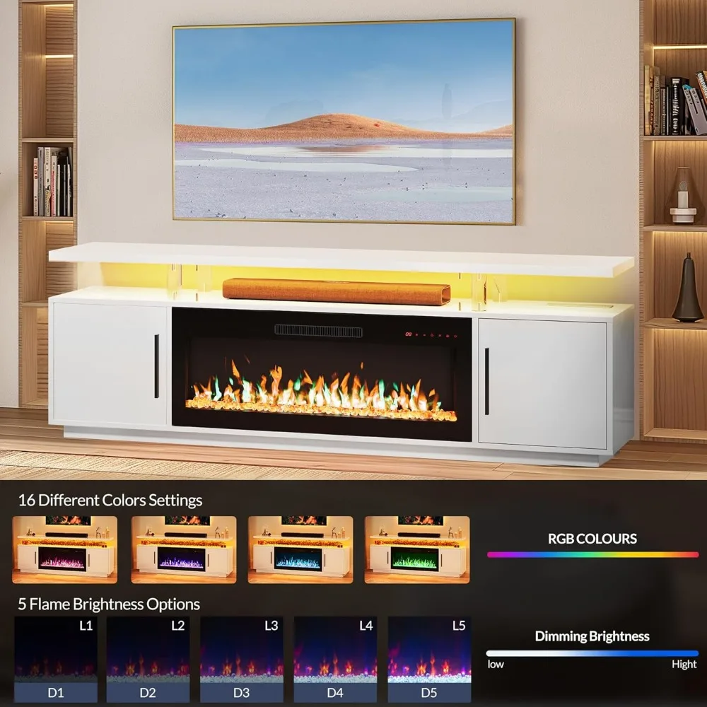 BELLEZE 79 Soporte para TV para televisores de hasta 85, centro de entretenimiento con luz LED y 42 calentadores de chimenea eléctrica, gabinete de almacenamiento con USB