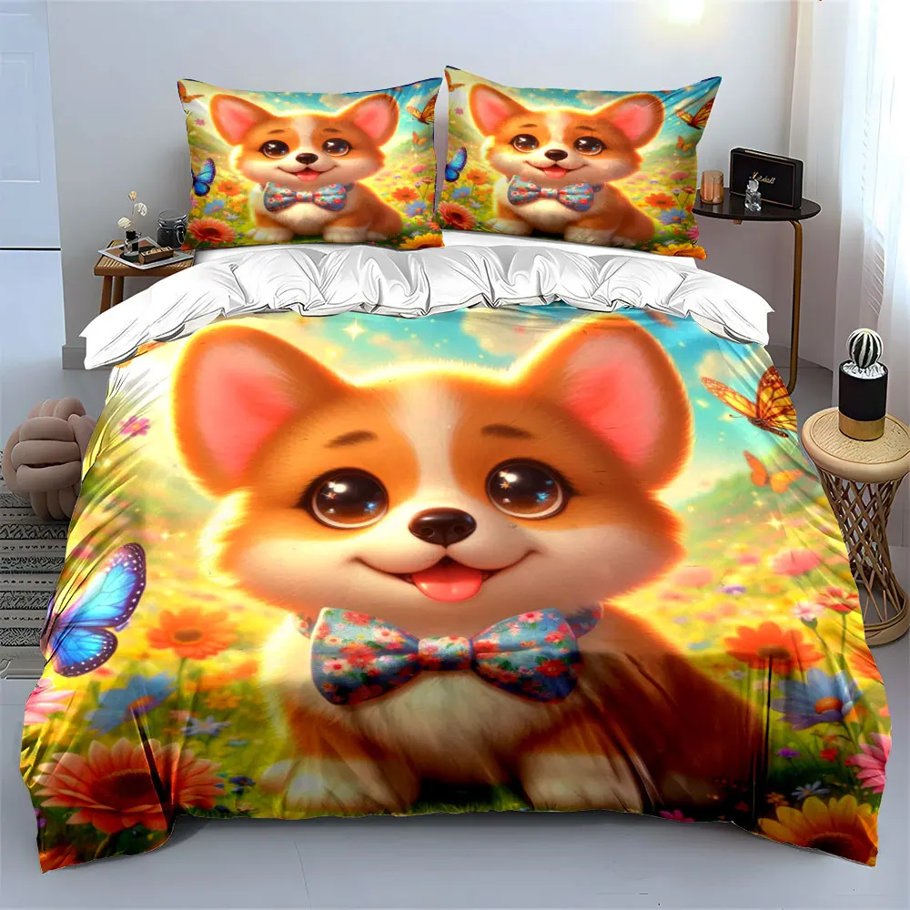 

Cute Puppy Butterflies in Flower Field Duvet Cover Set with 3D Printing Design Soft Polyester Bedding Set All-Season Comfort