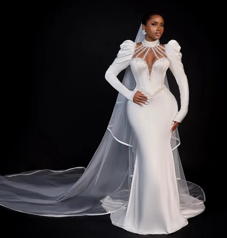 

Customized Elegant White Mermaid Wedding Dress High Neck Phantom Long Sleeve Bride Dress Pearl Water Diamond Tank Top