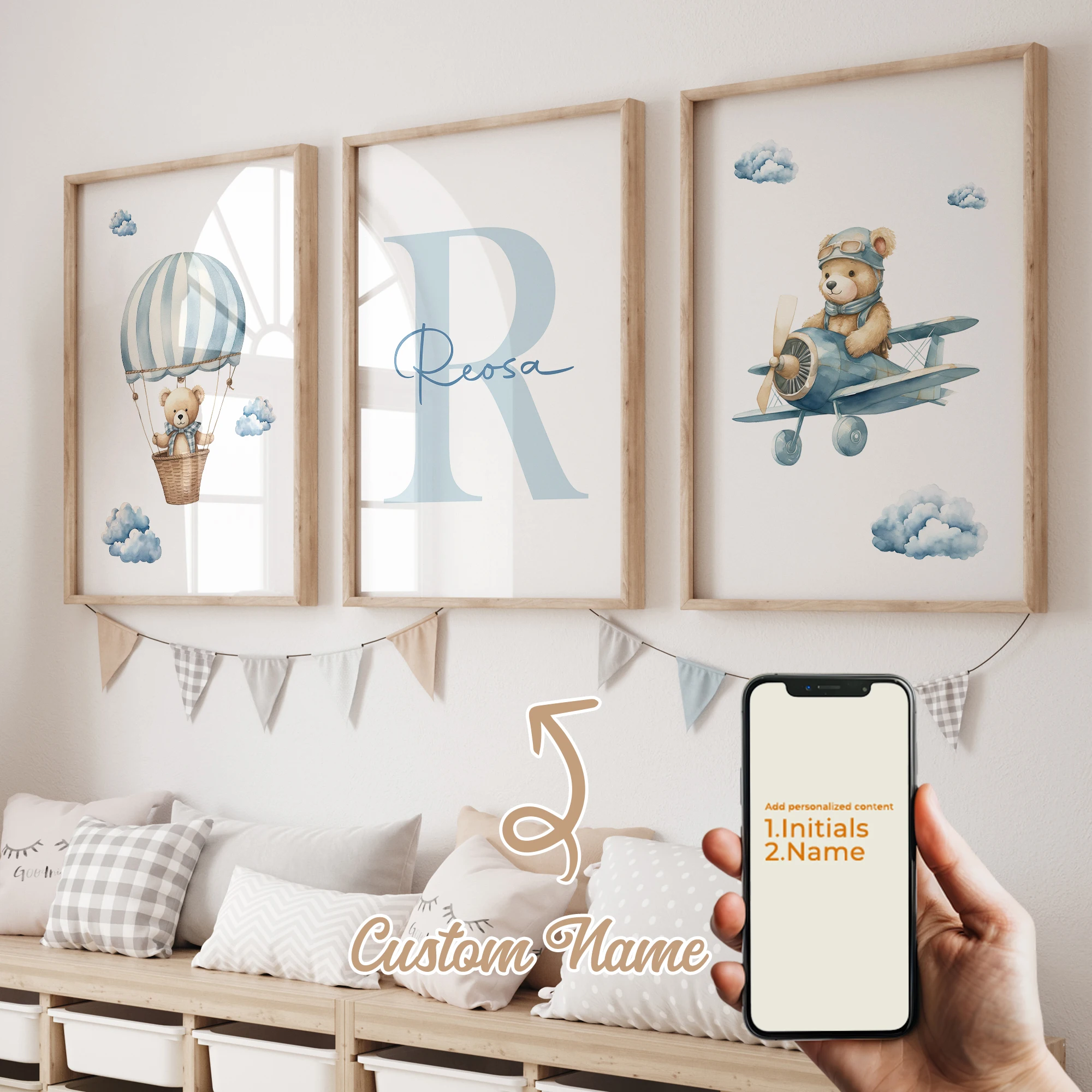 

3pcs Bear Hot Air Balloon Plane Name Customization Wall Art Prints Canvas Painting Poster Picture For Living Bed Room Home Decor