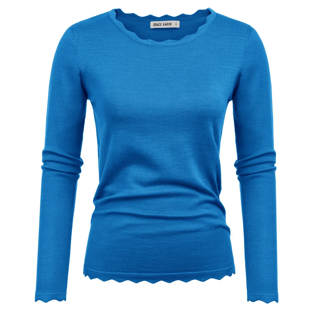 GK Woman T-Shirts Soft Scalloped Cuff Sweater Long Sleeve Crew Neck Pullover Comfortable Knitted Blouse Tee Female