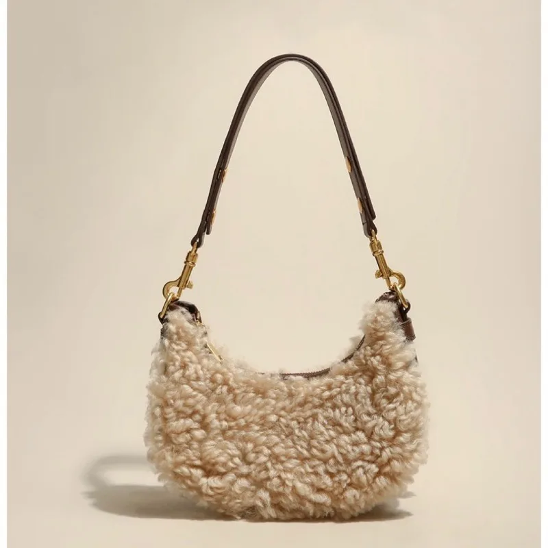 Furry Underarm Bag Winter Lamb Wool Shoulder Purse Women High Quality Fashion Versatile Half Moon Saddle Bag