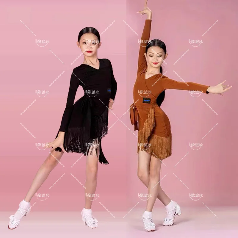 

New Kids Child Girls Latin Dance Dress Fringe Latin Dance Clothes Salsa Costume Black brown Ballroom Tango Dresses For Sale