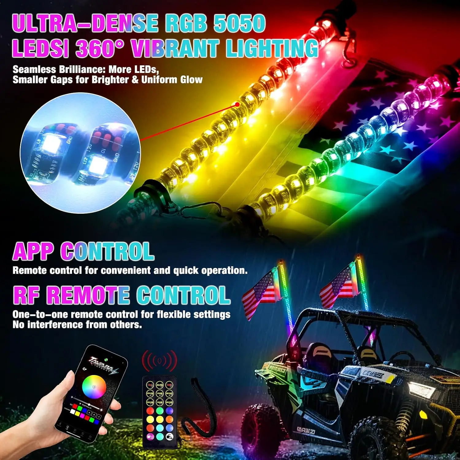 2PCS 3FT LED Whip Lights Chasing Color for UTV ATV
