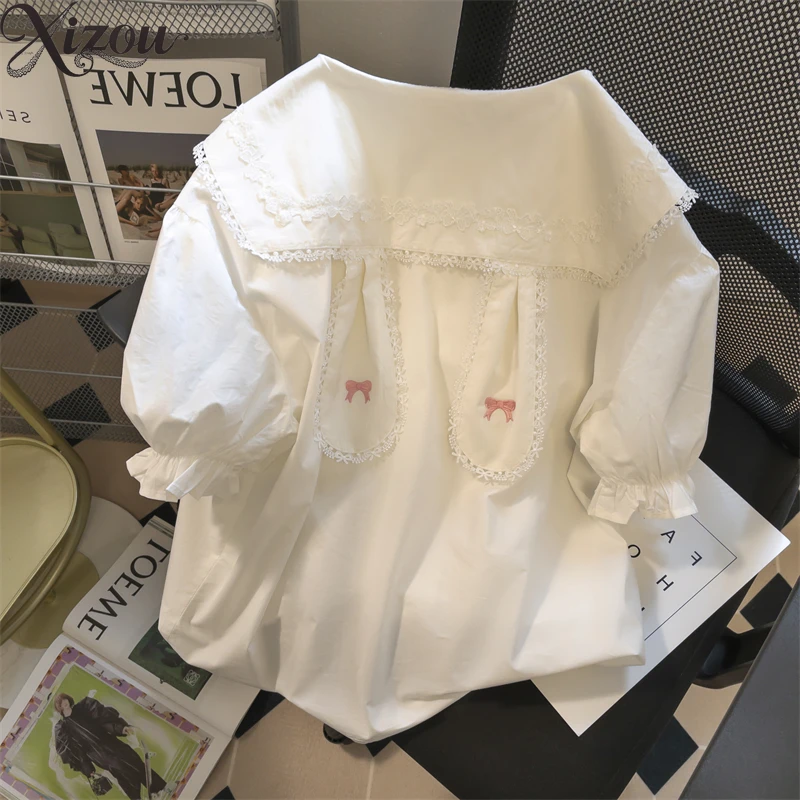 

Japanese Cute Bow Jk Doll Collar Short-sleeved Shirt Solid Color Women's Tops Summer Loose Rabbit Ear Csaual Blouse Women