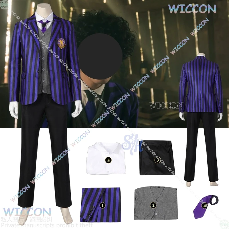 

Eugenee Ottingerr Never Movie Moree Cosplay Anime Costume British Style School Uniform DK Purple Striped Coat Halloween Party