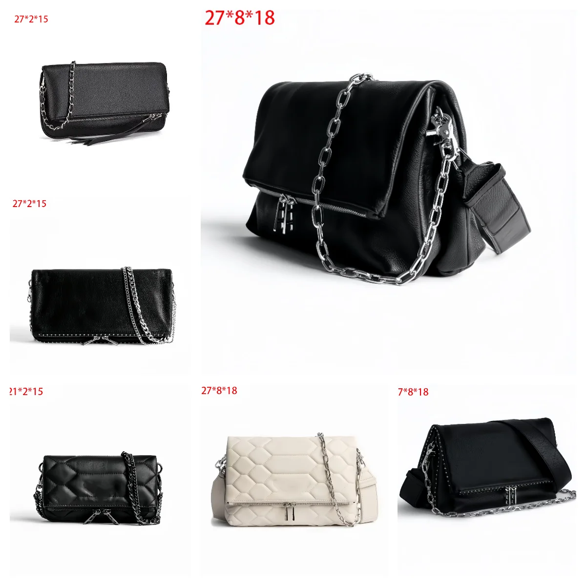 Bolso de hombro estilo París para mujer, bandolera decorativa con dos cadenas, correas, solapa, cremallera, un solo hombro ‮ ZADIG y VOLTAIO