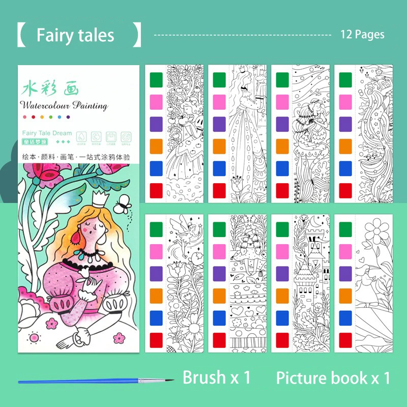 Portable Watercolor Painting Book 12 Sheets Coloring Book With Paint Brush Gouache Book Kids Graffiti Picture Drawing Stationery