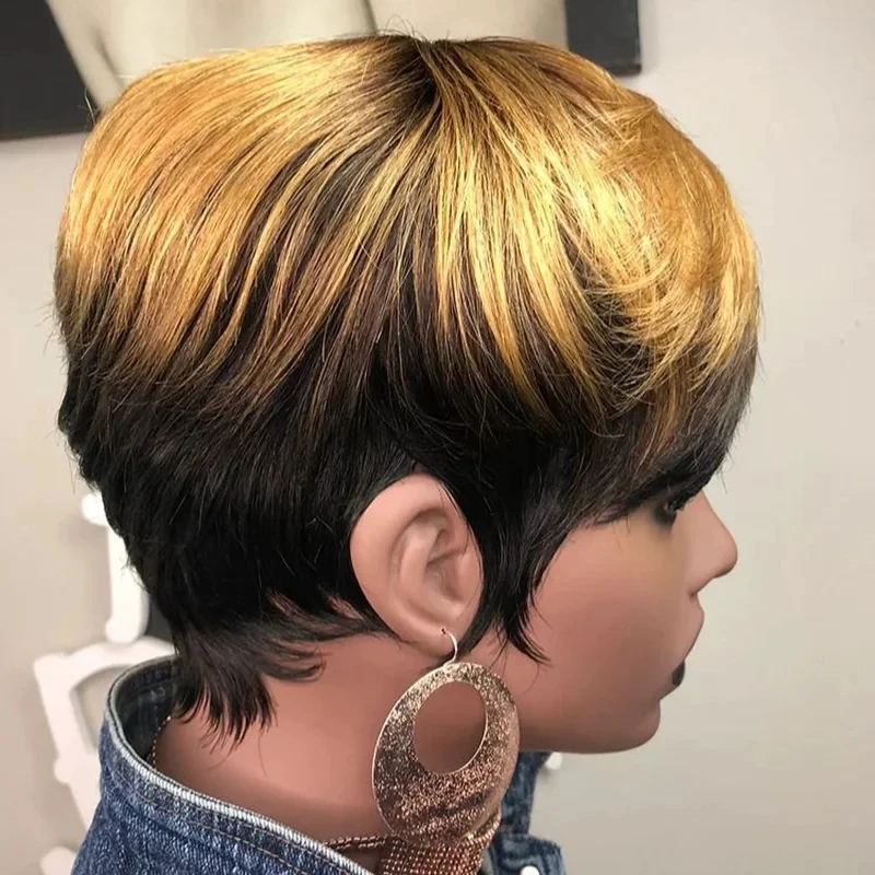 

Pixie Cut Wig 1B27 Human Hair Short Layered Wigs With Bangs Brazilian Real Full Machine Made Wig Highlight Blonde For Women