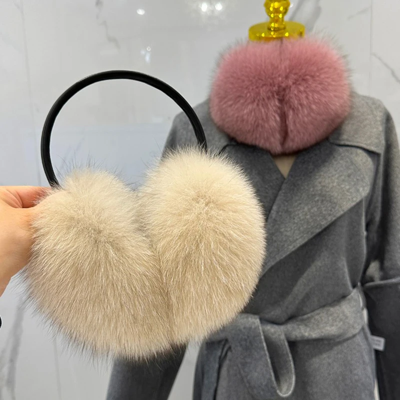 New Arrival Women Plush Genuine Fox Fur Earmuff Winter Lady Big Pompoms Fox Fur Fluffy Earmuffs Warm 100% Real Fox Fur Ear Cover