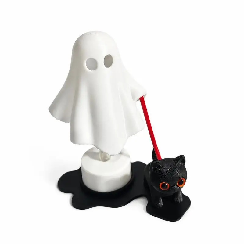 New Halloween Ghost Walking Cat Ornament Warm Light Glowing Ghost Figurine Festive Tabletop Decor Home Holiday Party Display