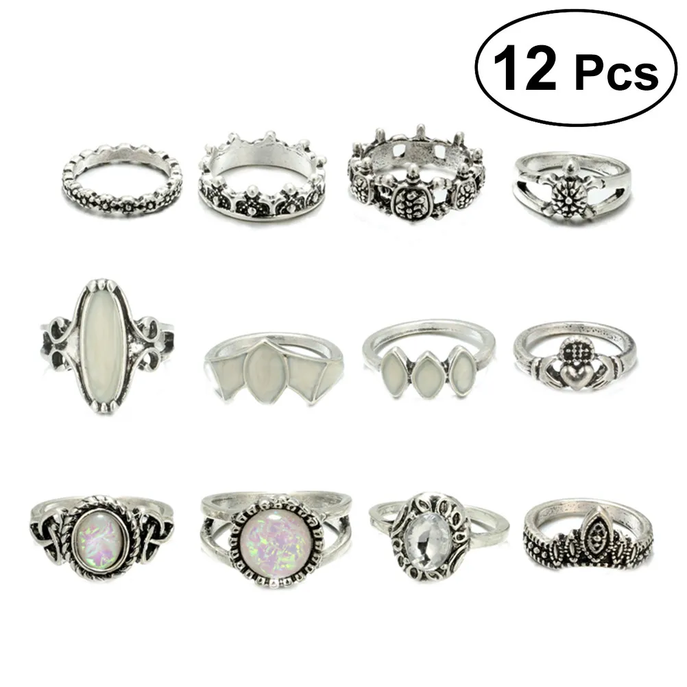 12Pcs Vintage Bohemian Crown Ring Set for Women Faux Stone Stackable Rings Wedding Party Jewelry