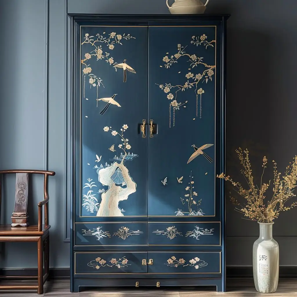 New Chinese retro black painted home bedroom solid wood light luxury wardrobe large capacity living room double door