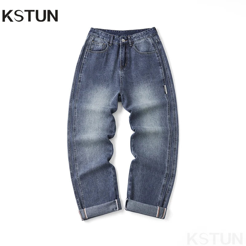 

KSTUN Wide Leg Jeans Men Baggy Pants Straight Cut Loose Fit Blue Male Denim Pants Streetwear Men's Clothing Fashion Side Striped