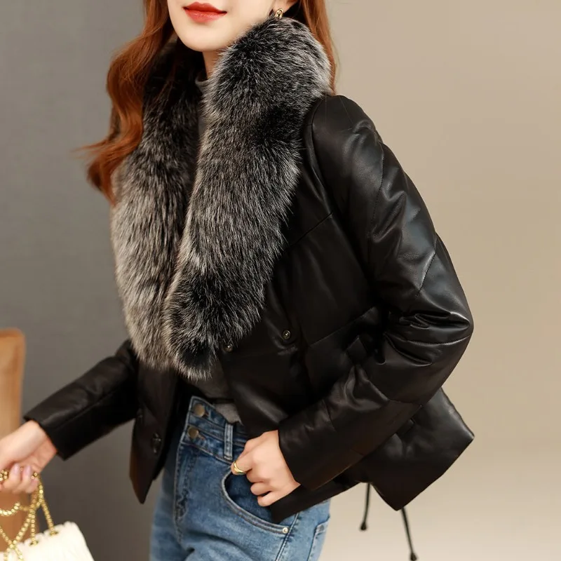 Faux Fox Pelz Pu Lederjacke für Frauen, lässiger loser kurzer Daunen mantel, dicker warmer Mantel, weibliche Mode, neu, Winter, 2024