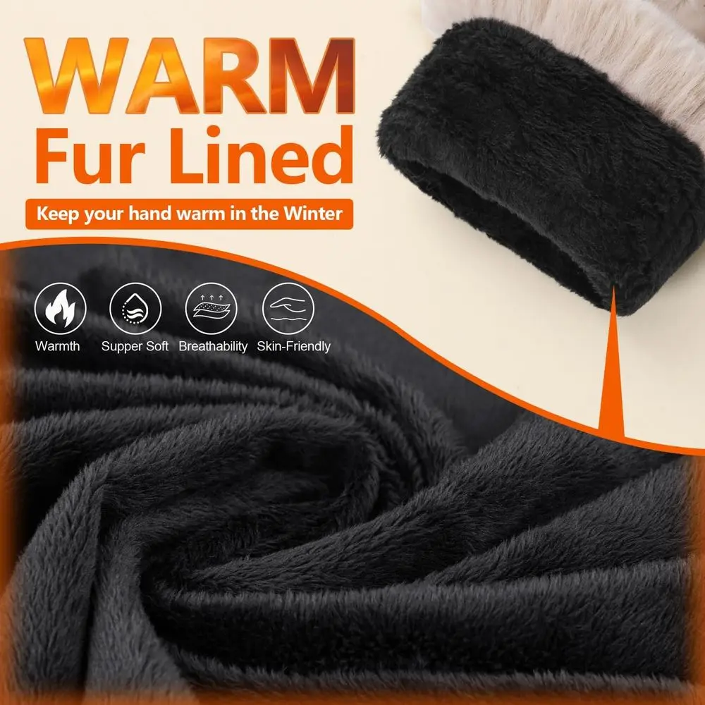 Women's Rabbit Fur Cuff Leather Gloves with Touchscreen for Warm Winter Driving in Multicolor