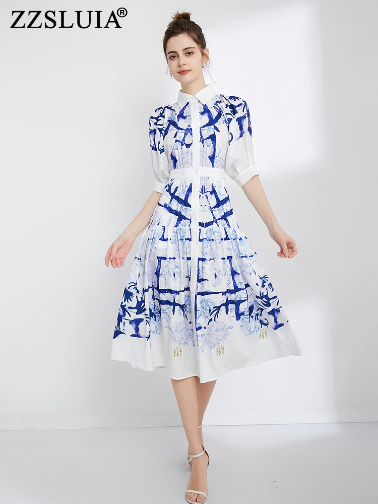 

ZZSLUIA Elegant Dresses For Women Printed Folds Designer Slim Midi Dress Fashion Half Sleeve Single Breasted Dresses Female