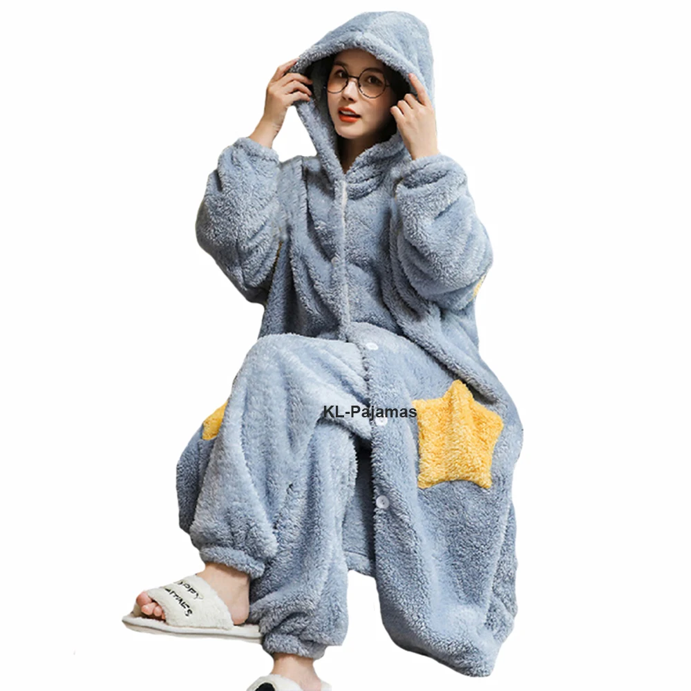 Long Sleeves Thick Warm Flannel Pajama Sets Winter Women's Nightgowns Long Robes Kimono Bathrobe Coral Fleece Loose Home Wear