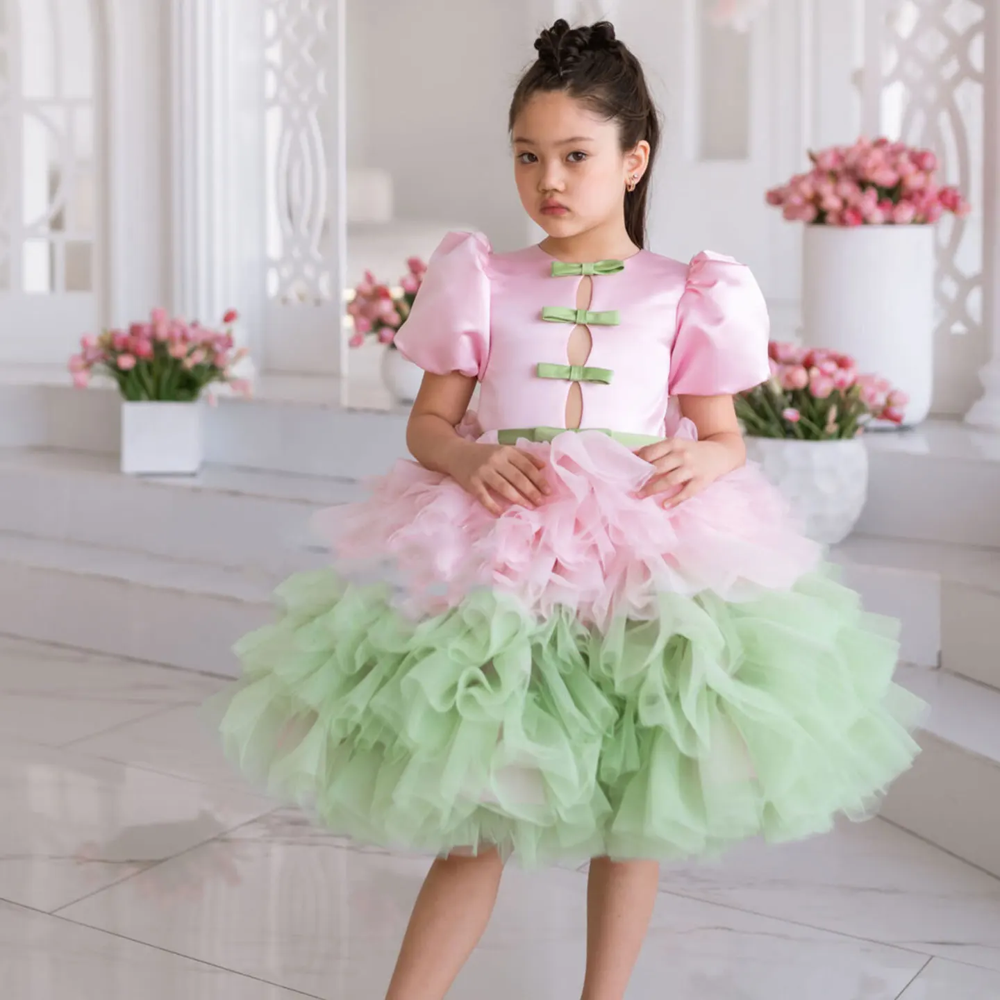 Jill Wish Elegant Red Girl Dress Sage Green for Princess Kids Birthday Wedding Party Children Holy Coummunion Ball Gown J155