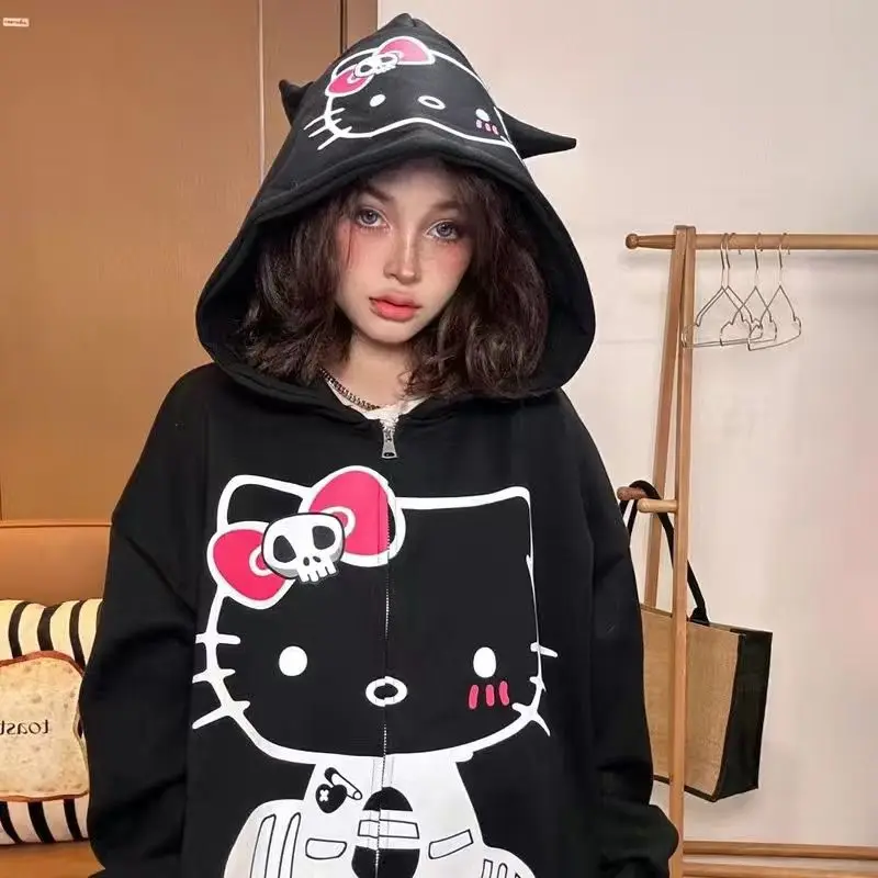 Sanrio Hello Kitty Zip Up Hoodie Streetwear Women Kawaii Girls Coat 2024 Spring New Oversized Couple Loose Top Y2k Clothes 2000s