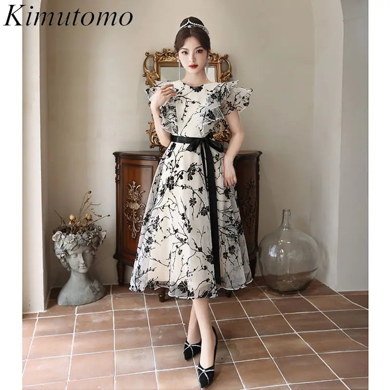 

Kimutomo Ruffles Flying Sleeves Embroidery Party Dress Ruffles Lace Up Bow Midi Dresses Celebrity Princess Style Evening Gown