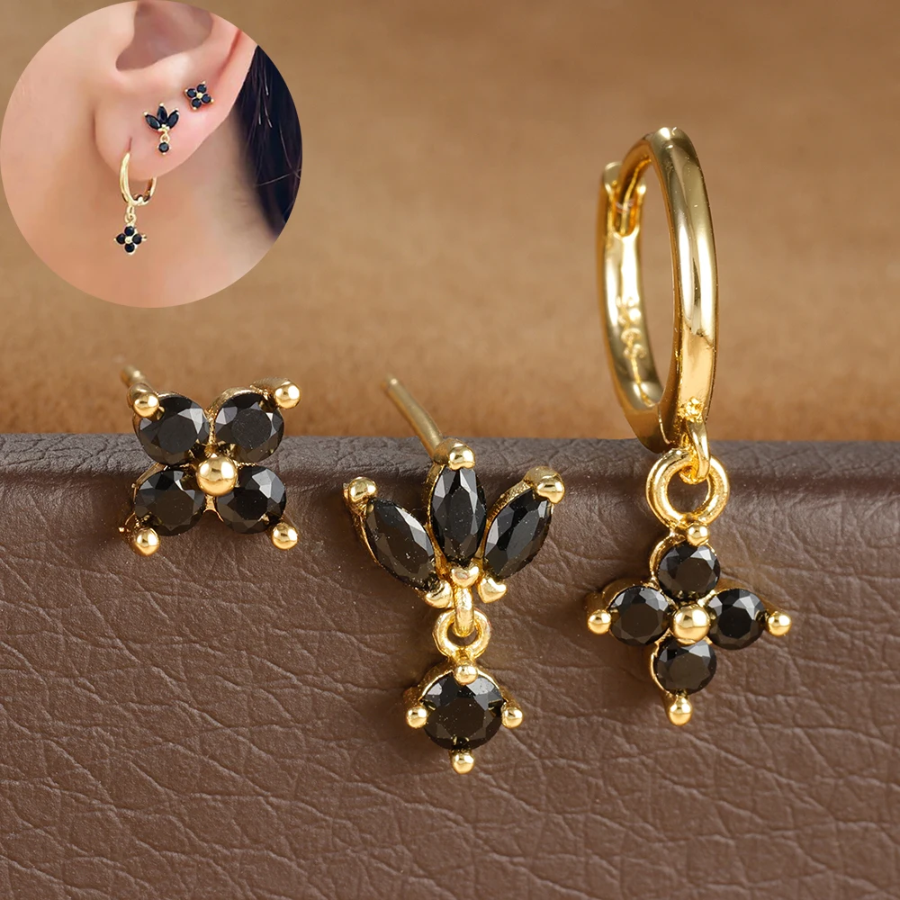 3 stücke Mode Schwarz Zirkon Blume Creolen Set für Frauen Einfache Edelstahl Anhänger Punk Stud Ohrringe Piercing Schmuck