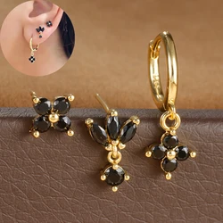 3 stücke Mode Schwarz Zirkon Blume Creolen Set für Frauen Einfache Edelstahl Anhänger Punk Stud Ohrringe Piercing Schmuck