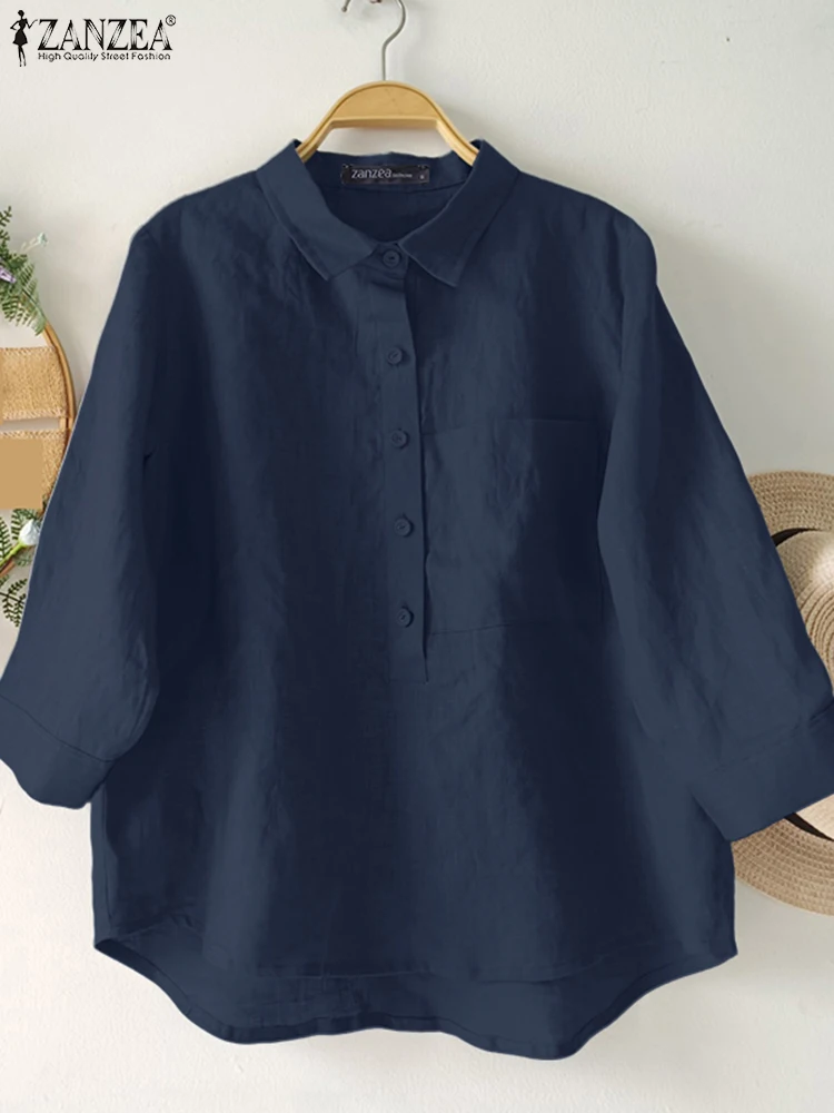 

2025 ZANZEA Women Shirts Autumn Office Work Blouses Vintage Lapel Neck 3/4 Sleeve Tops Casual Solid Button Blusas Loose Chemise