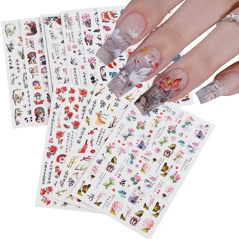 

10pcs 3D Chinese Character Nail Stickers Pink Flower Bamboo Leaf Slider Classical Red-crowned Crane Lotus Decal Design Manicure