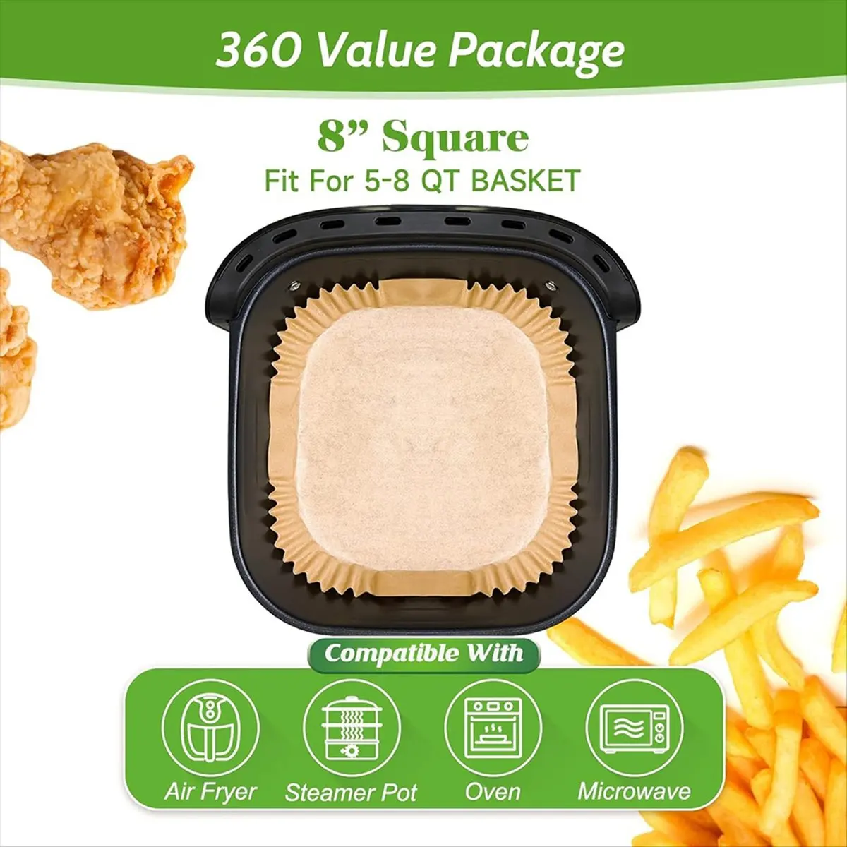N14R Top 360 Pcs 8Inch Square Air Fryer Paper Liners Disposable, Non-Stick & Non-Leak Parchment Paper Liners for Airfryer Basket