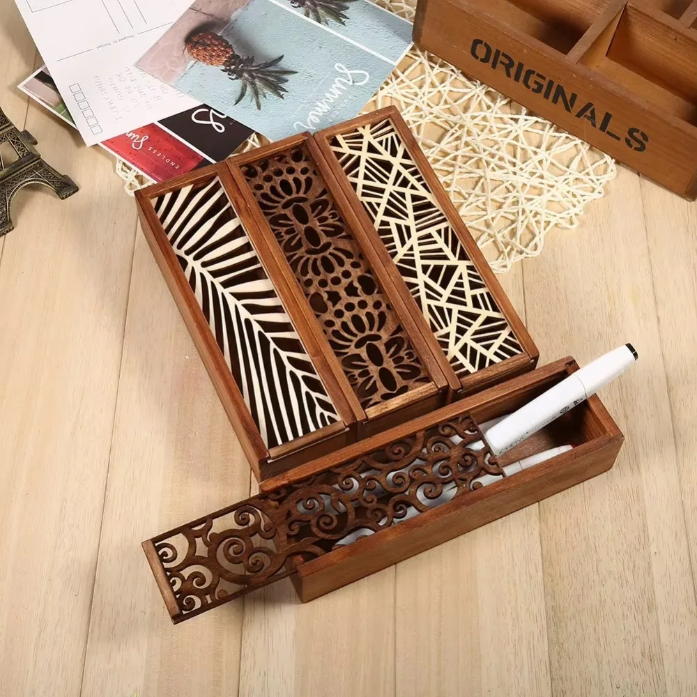 Hohe Qualität Tragbare Holz Bleistift Box Retro Hohl Schreibwaren Box Multifunktionale Langlebig Bleistift Fall Schreibtisch Lagerung Zubehör