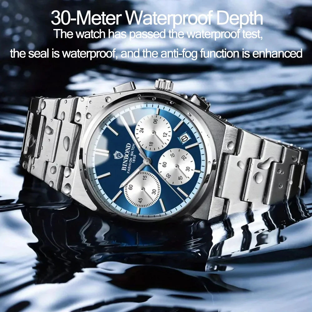 BINBOND Sports Watches Men Waterproof Luminous Week Calendar Watch Man Quartz Movement Stainless Steel Fashion Men Watch
