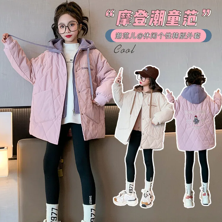Girl Fake Two Pieces Outwear Junior Girl Color Blocking Coat 4-14Y Korean Winter Teenager Girl Hooded Cotton Jacket Elementary