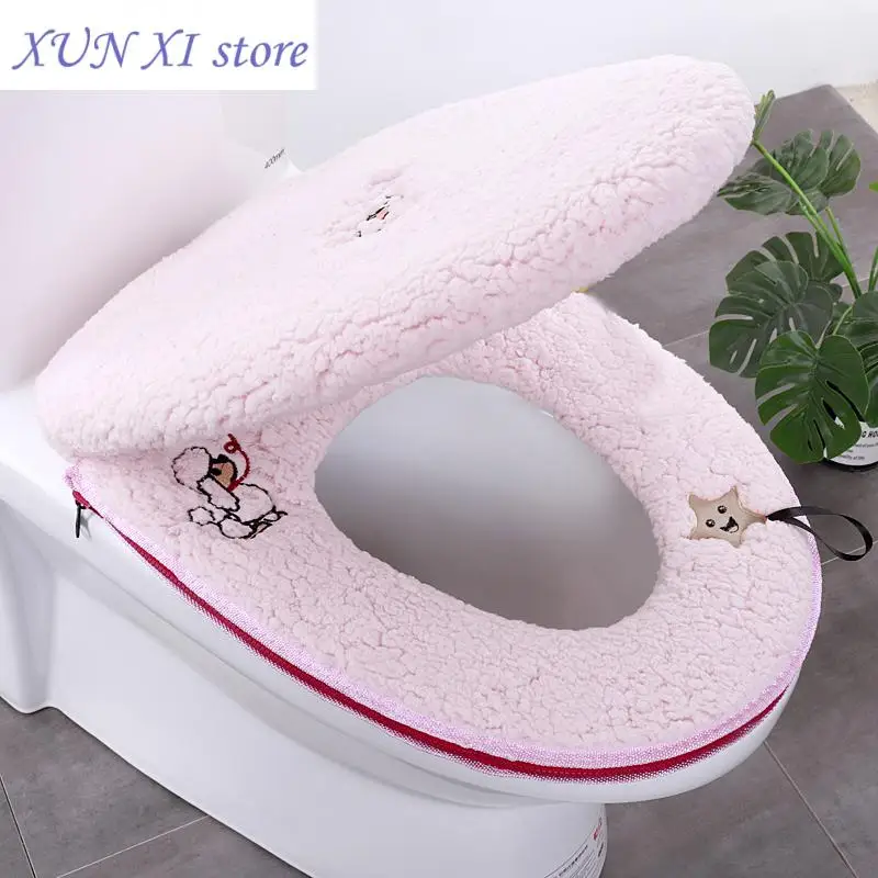 New Korean Style Universal Toilet Seat Cushion Winter Thickened Plush Toilet Seat Cover Cute Solid ColorZipper Toilet Cover