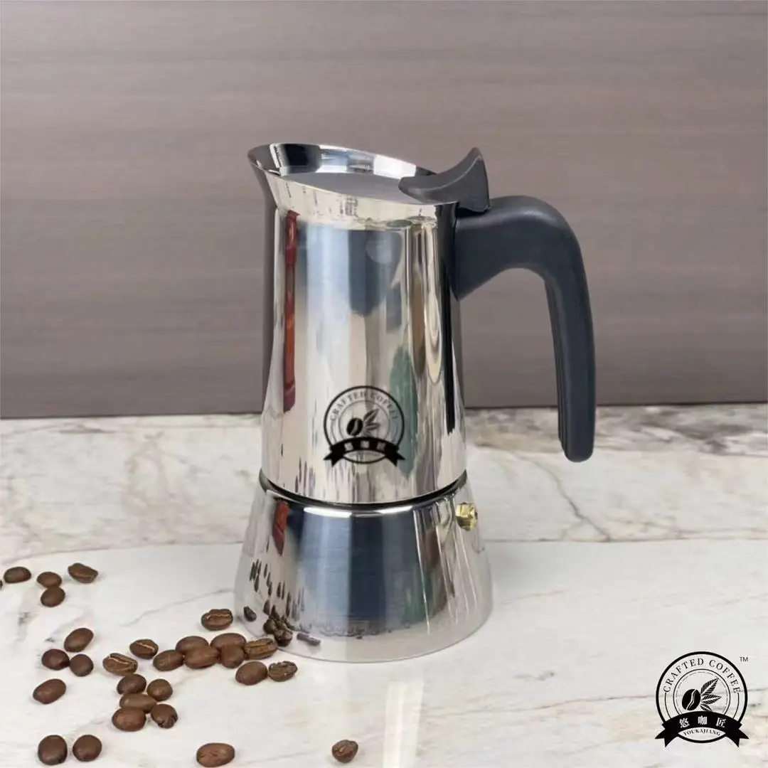 وعاء موكا كلاسيكي من الفولاذ المقاوم للصدأ 4/6. للمنزل/المكتب/الخارج. يعمل على الحث والغاز